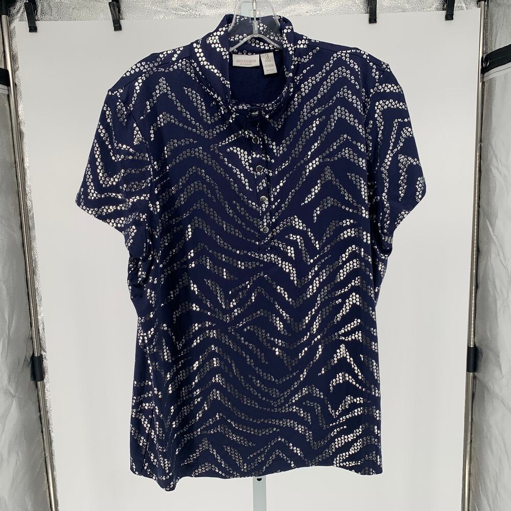 Weekends by Chico's polo shirt navy blue silver foil women's size 3 16 XL